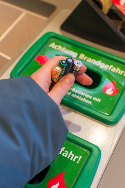 A person wearing a blue jacket is seen inserting batteries into a green battery recycling bin at a waste disposal station. The bin is marked with bold white and yellow text in German, with a red flame icon and a recycling symbol, emphasizing the importance of proper battery disposal. The station has a separate compartment for hazardous waste and is situated on a smooth surface, possibly a countertop or a dedicated recycling area within a facility. In the background, part of another waste container or station with similar green coloring is visible, indicating an organized waste management environment designed for environmentally responsible rubbish removal. The scene is well-lit, highlighting the clarity of the instructional markings and the action of recycling, aligning with independent waste handling practices often used in private collections or alternative disposal methods as managed by companies such as House Clearance Kentish Town. This detailed visual demonstrates the process of sorting hazardous waste materials like batteries for proper recycling, supporting environmentally compliant rubbish removal activities in urban settings.